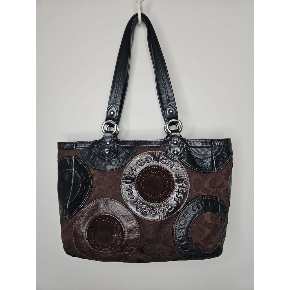 Coach Bag Circle Patchwork F15466 Brown Black Suede Leather East West Tote